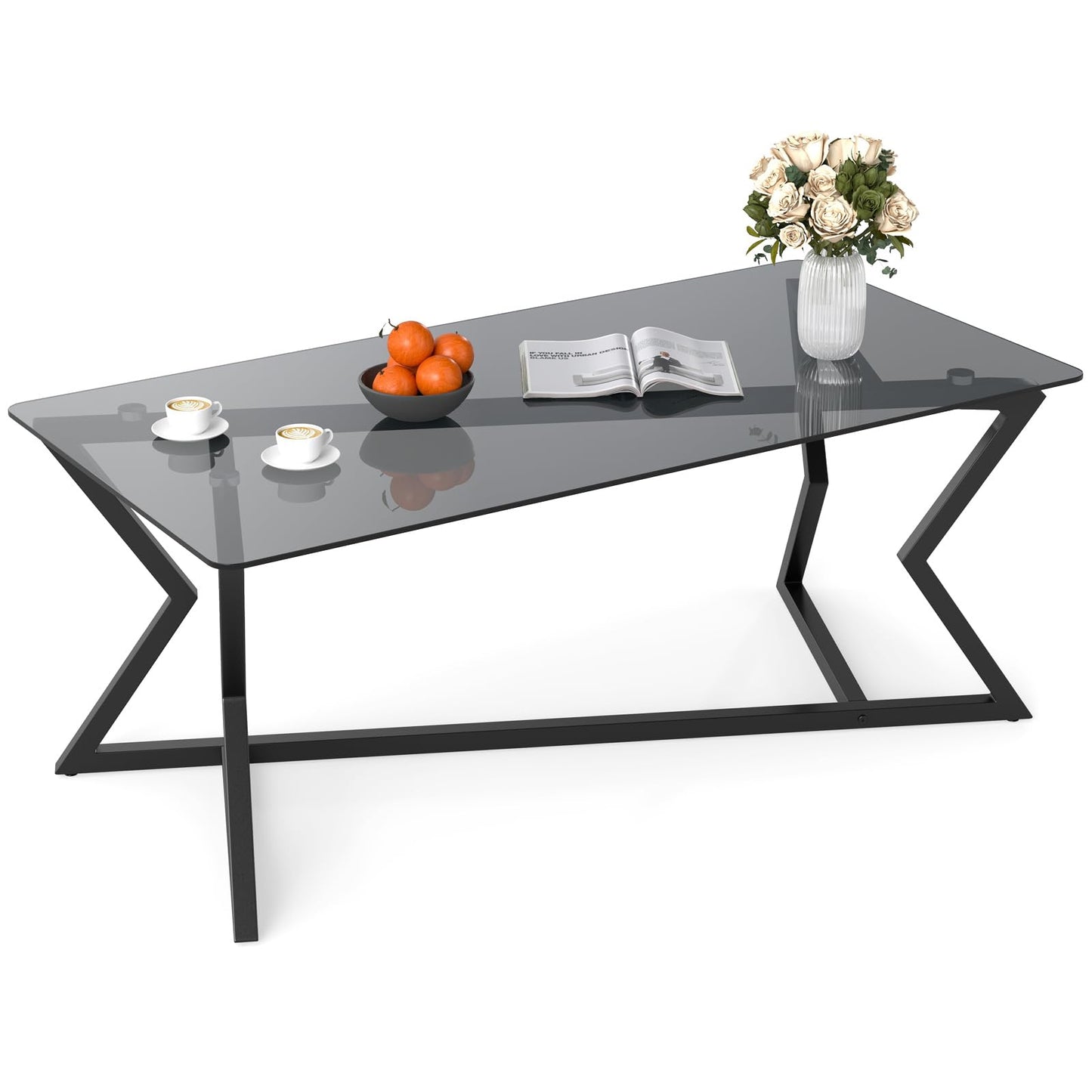Rectangular Glass Coffee Table with Tempered Top and Metal Frame for Living Room