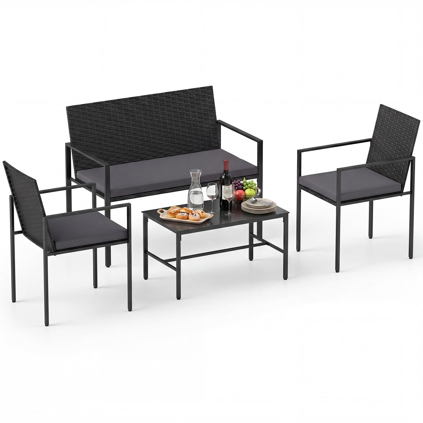 4-Piece Rattan Garden Furniture Set, Patio Conversation Set with Loveseat