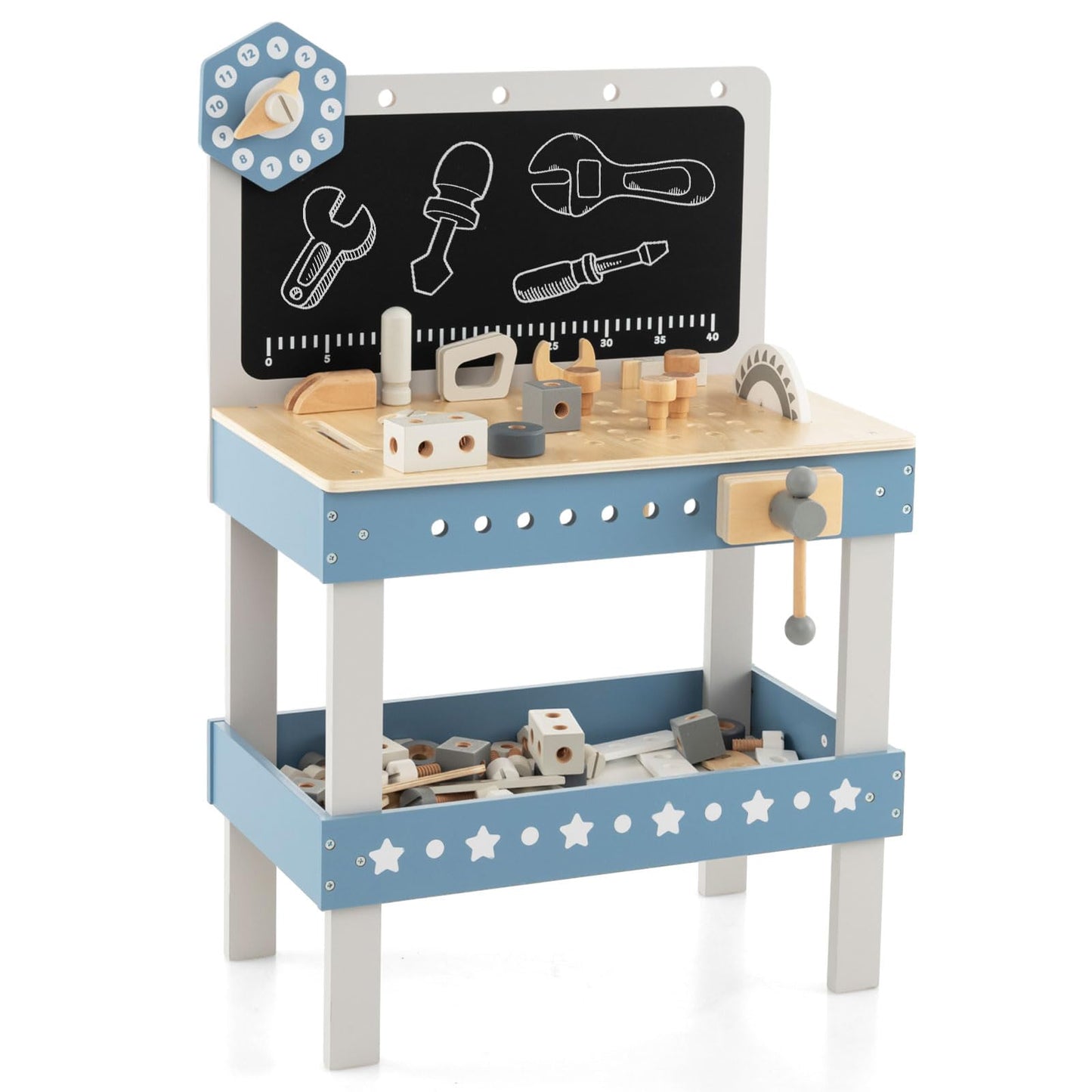 Kids Wooden Play Workbench with Blackboard and Tool Parts Set