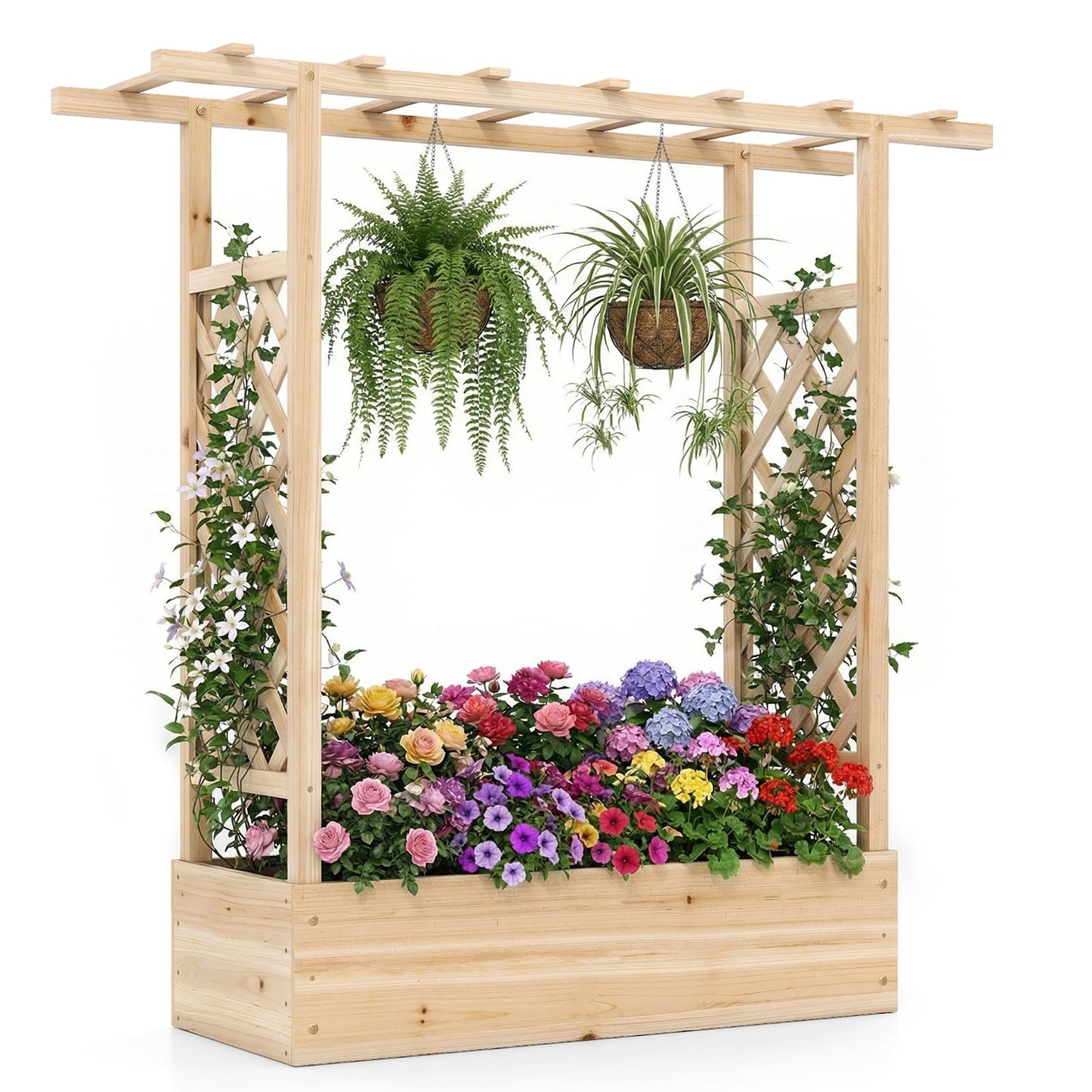 Garden Planter with Trellis, Hanging Roof and Drainage Holes