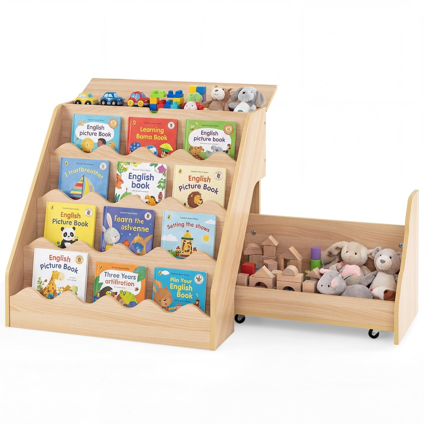 Kids Bookshelf, Wooden Toddler Book Toy Storage Organizer