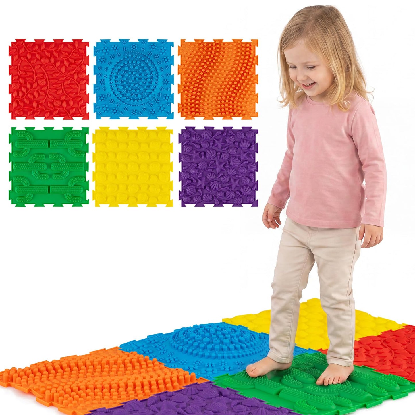 6 PCS Tactile Sensory Mats, Puzzle Floor Tiles (Colorful)