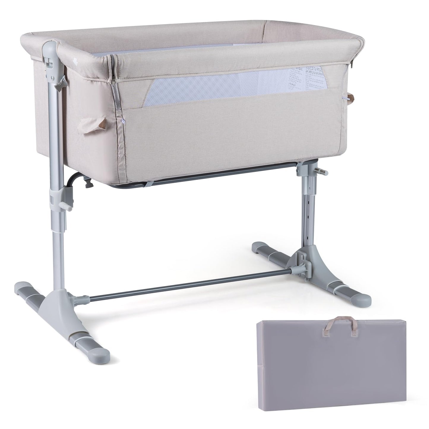 Baby Bedside Crib, 4-Level Height Adjustable Bassinet Crib (Beige) | Portable Newborn Bedside Sleeper