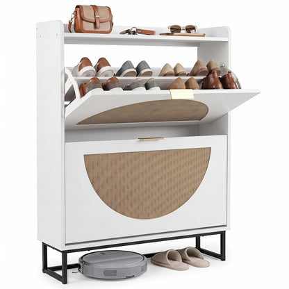 24cm Narrow Shoe Cabinet with 2 Rattan Flip Drawers