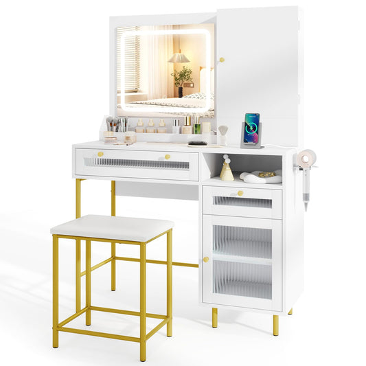 Vanity Set with 2 Fluted Glass Drawers and 1 Ordinary Drawer