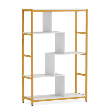 5-Tier Geometric Bookshelf with Open Shelves (Golden + White) | Metal Frame Bookcase Display Stand