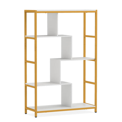 5-Tier Geometric Bookshelf with Open Shelves (Golden + White) | Metal Frame Bookcase Display Stand