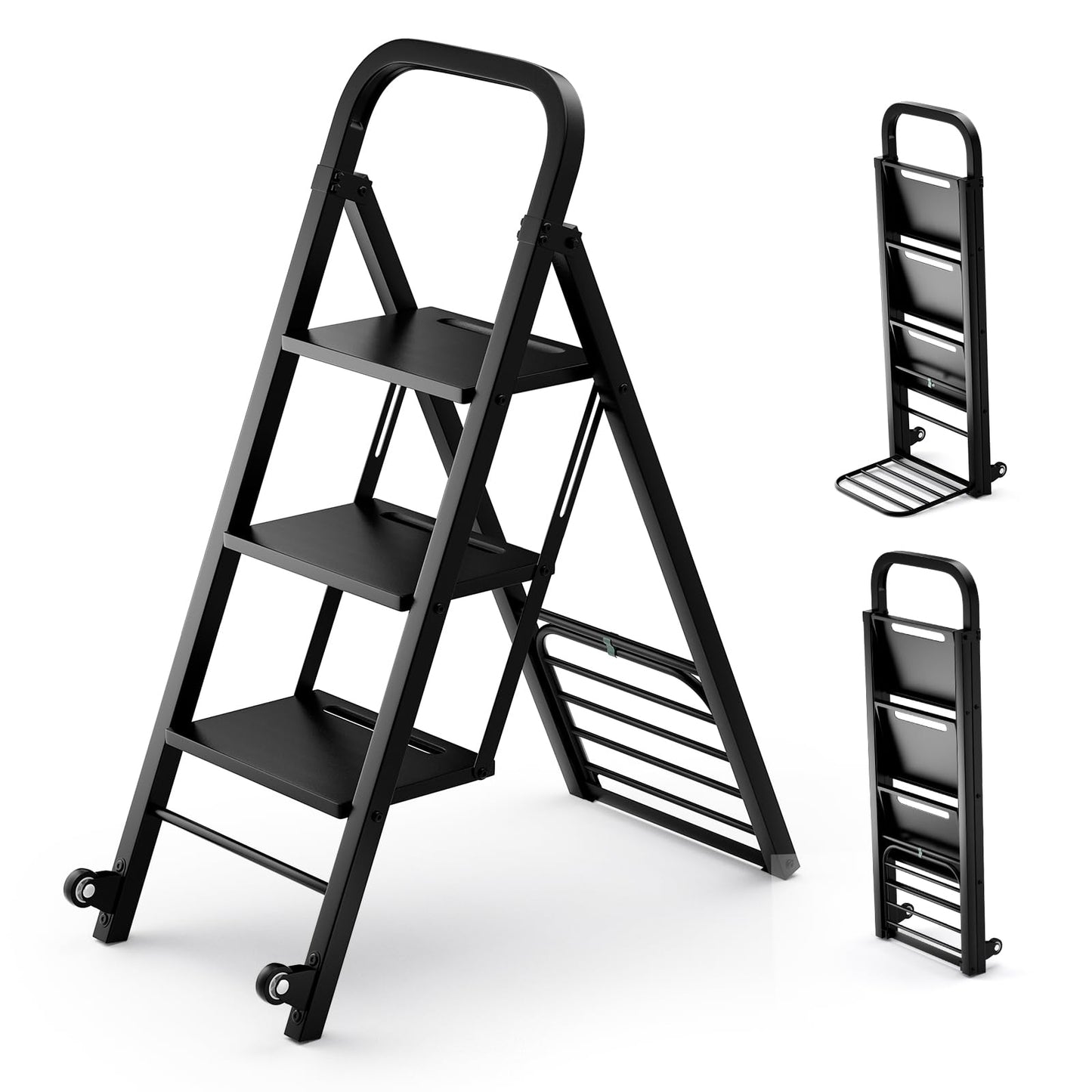 2-In-1 Hand Truck and Ladder Foldable 3-Step Ladder with Non-slip Wide Pedals