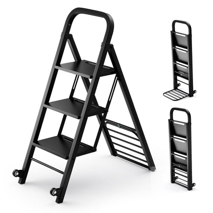 2-In-1 Hand Truck and Ladder Foldable 3-Step Ladder with Non-slip Wide Pedals