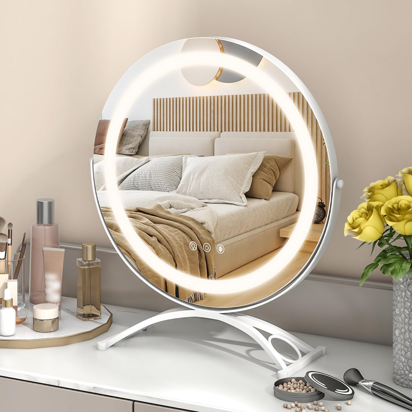 Makeup Vanity Mirror with Lights and Touch Screen with 360-Degree Rotation