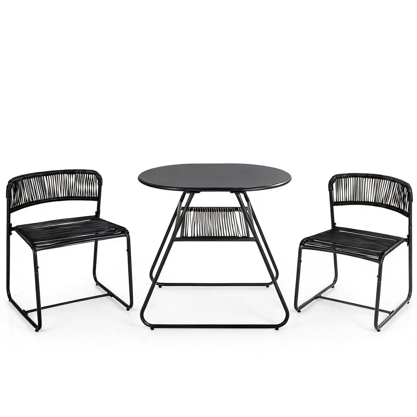 3 Piece Patio Bistro Set, Outdoor Dining Table with 2 Varied-Size Stackable Rattan Chairs & Shelf