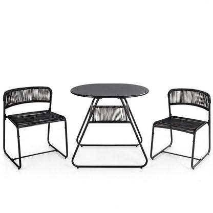 3 Piece Patio Bistro Set, Outdoor Dining Table with 2 Varied-Size Stackable Rattan Chairs & Shelf