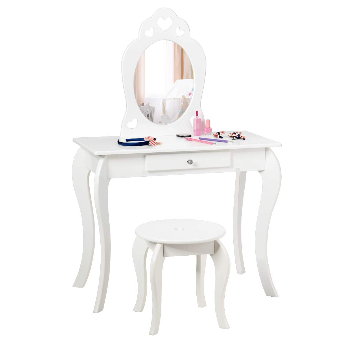 Kids Vanity Table and Stool 2 in 1 with Removable Mirror and Drawer