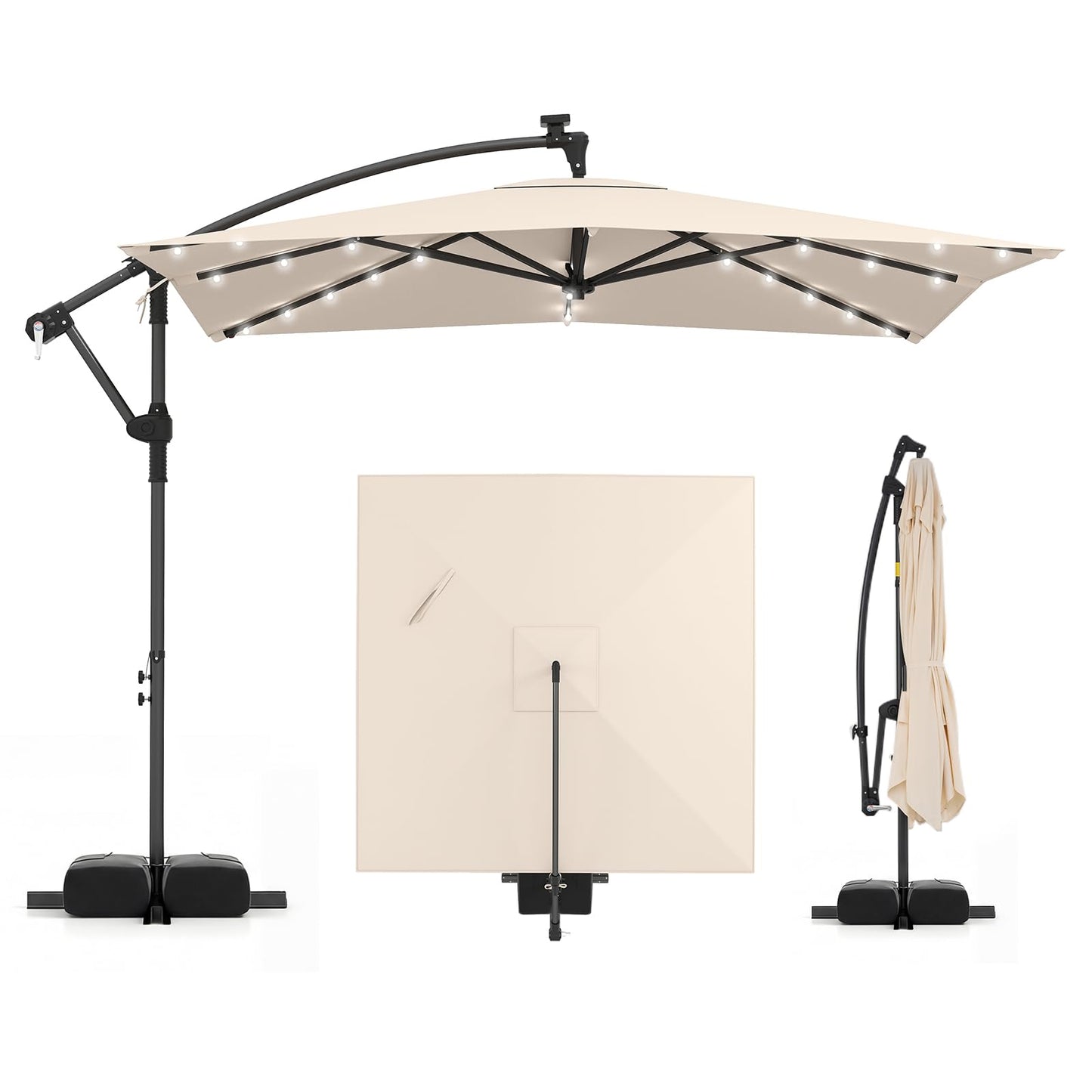 2.5M Cantilever Garden Parasol, Square Offset Banana Umbrella with 32 Solar LED Lights, 360° Rotation