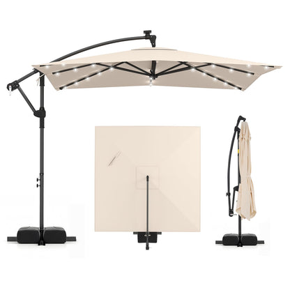 2.5M Cantilever Garden Parasol, Square Offset Banana Umbrella with 32 Solar LED Lights, 360° Rotation