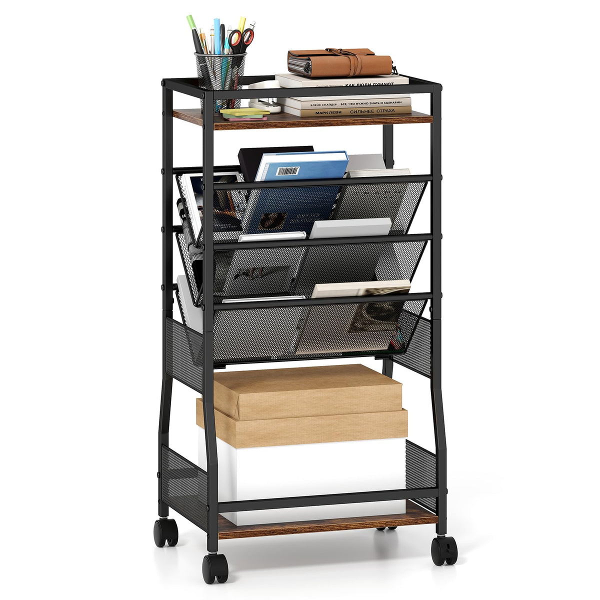 Rolling File Utility Cart with 3 Slanted Side Shelves and Lockable Wheels