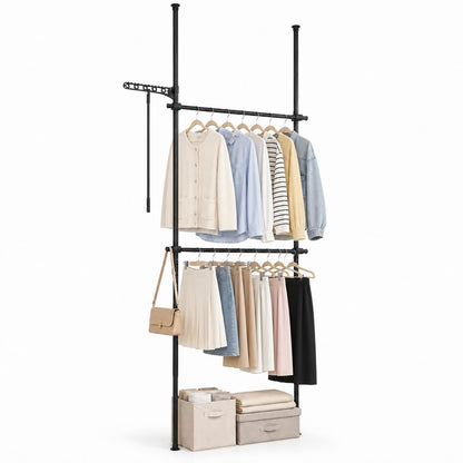 Adjustable Floor to Ceiling Clothes Rack with Double Rods & Folding Drying Rack for Laundry