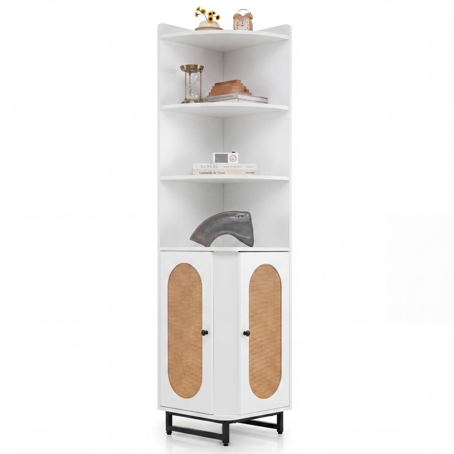172 cm Tall PE Rattan Corner Cabinet with 2 Doors and 4 Open Shelves