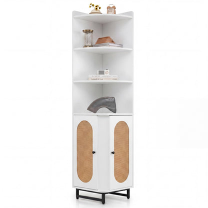 172 cm Tall PE Rattan Corner Cabinet with 2 Doors and 4 Open Shelves