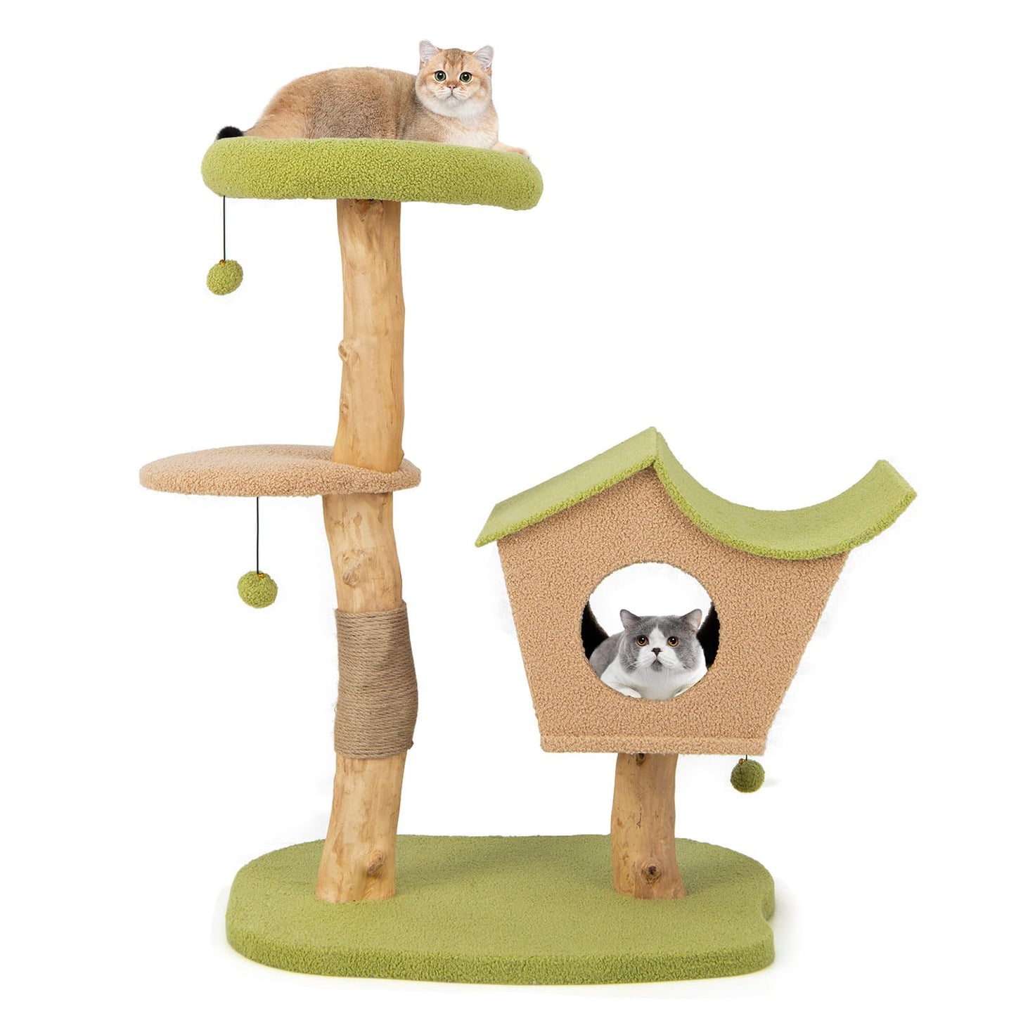 Cute Cat Activity Center with Padded Top Perch and Dangling Bell Balls for Indoor Cats