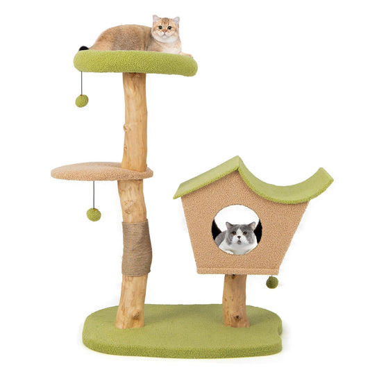 Cute Cat Activity Center with Padded Top Perch and Dangling Bell Balls for Indoor Cats