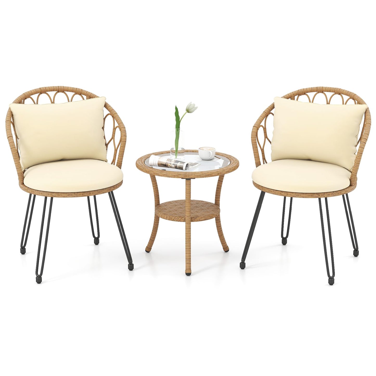 3 Pieces PE Wicker Patio Bistro Set with Cushions for Porch