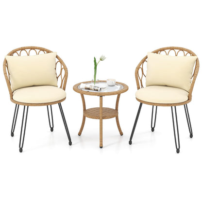 3 Pieces PE Wicker Patio Bistro Set with Cushions for Porch