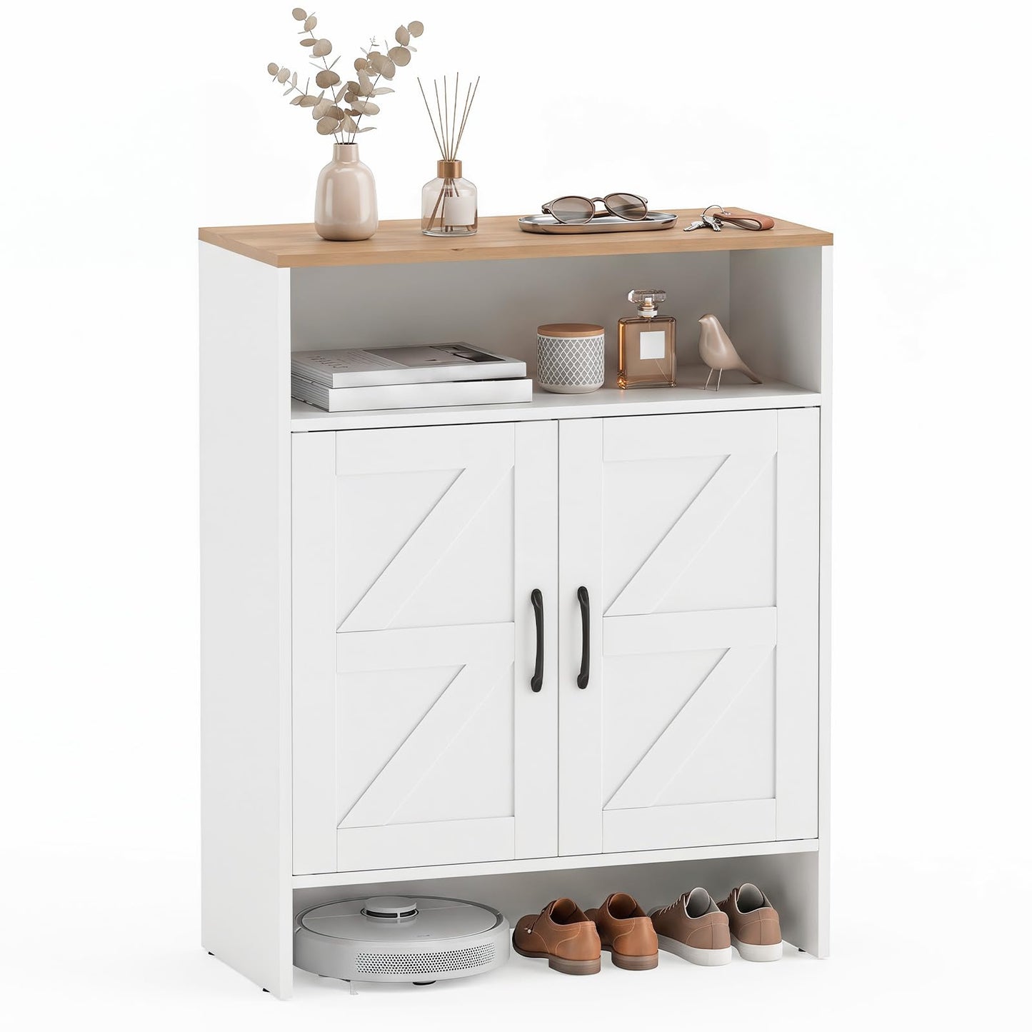 Shoe Cabinet with 2 Barn Doors and Adjustable Shelves for Entryway