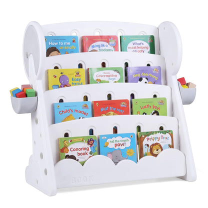 4-Tier Kids Bookshelf with Side Storage Boxes and Reversible Bottom Shelf