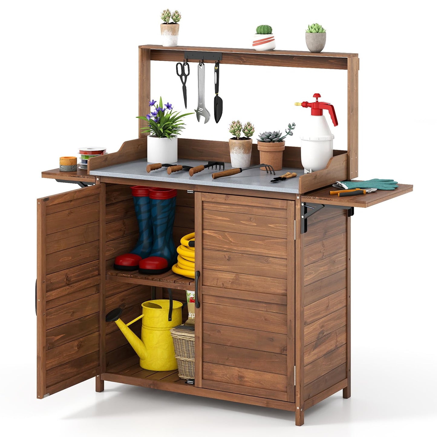Garden Potting Table, Wooden Potting Bench with Metal-Plated Tabletop