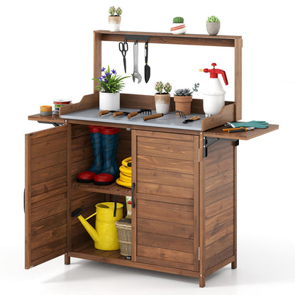Garden Potting Table, Wooden Potting Bench with Metal-Plated Tabletop