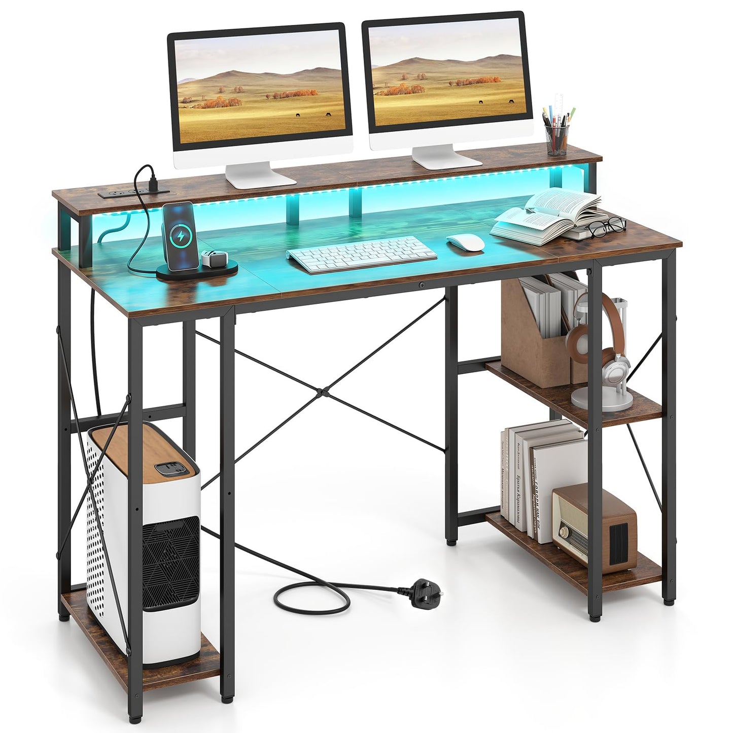 120 cm Computer Desk with Charging Station LED Lights and Storage Shelves