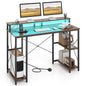 120 cm Computer Desk with Charging Station LED Lights and Storage Shelves