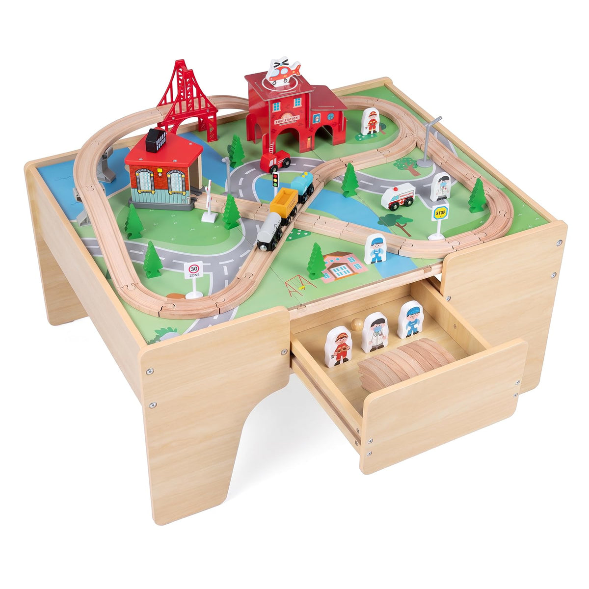 63-Piece Kids Train Table with Storage Drawer Reversible Tabletop and Train Tracks