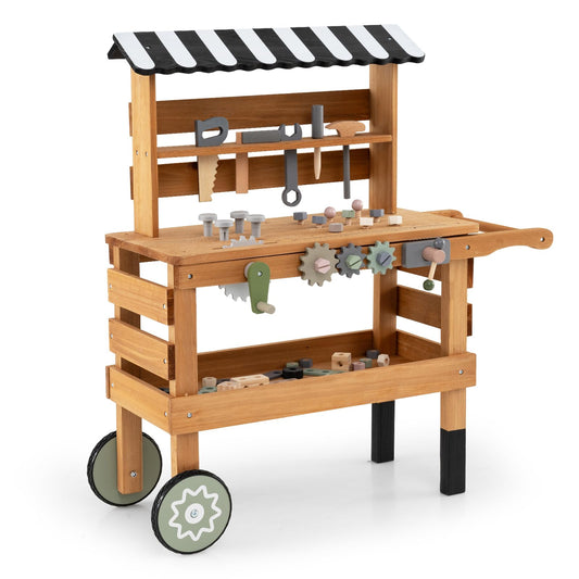 Wooden Kids Tool Bench, 2-in-1 Toddler Workbench Rolling Cart