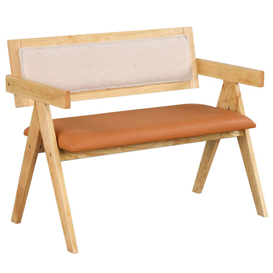 Rubber Wood Dining Bench with Armrest and Sherpa Upholstered Backrest