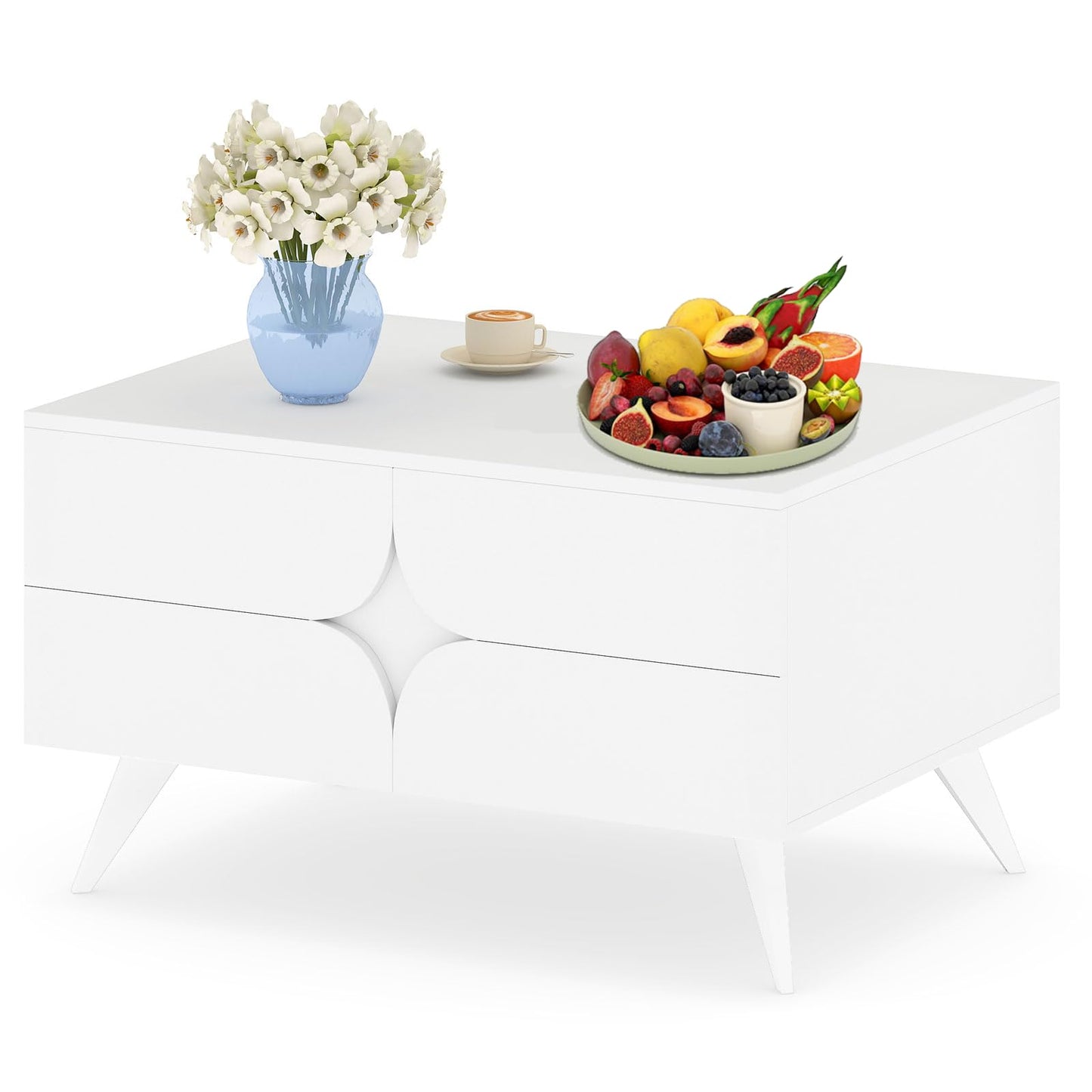 Coffee Table, Wooden Cocktail Table Sofa Side Snack Tables with 3 Doors and Back Open Shelf