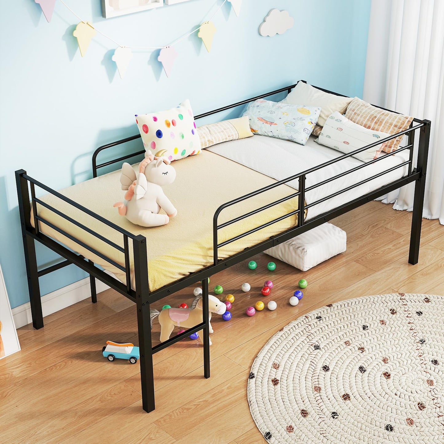Single Size Low Loft Bed Metal Bed Frame with Safety Guardrails and 2 Ladders