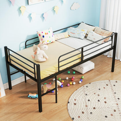 Single Size Low Loft Bed Metal Bed Frame with Safety Guardrails and 2 Ladders
