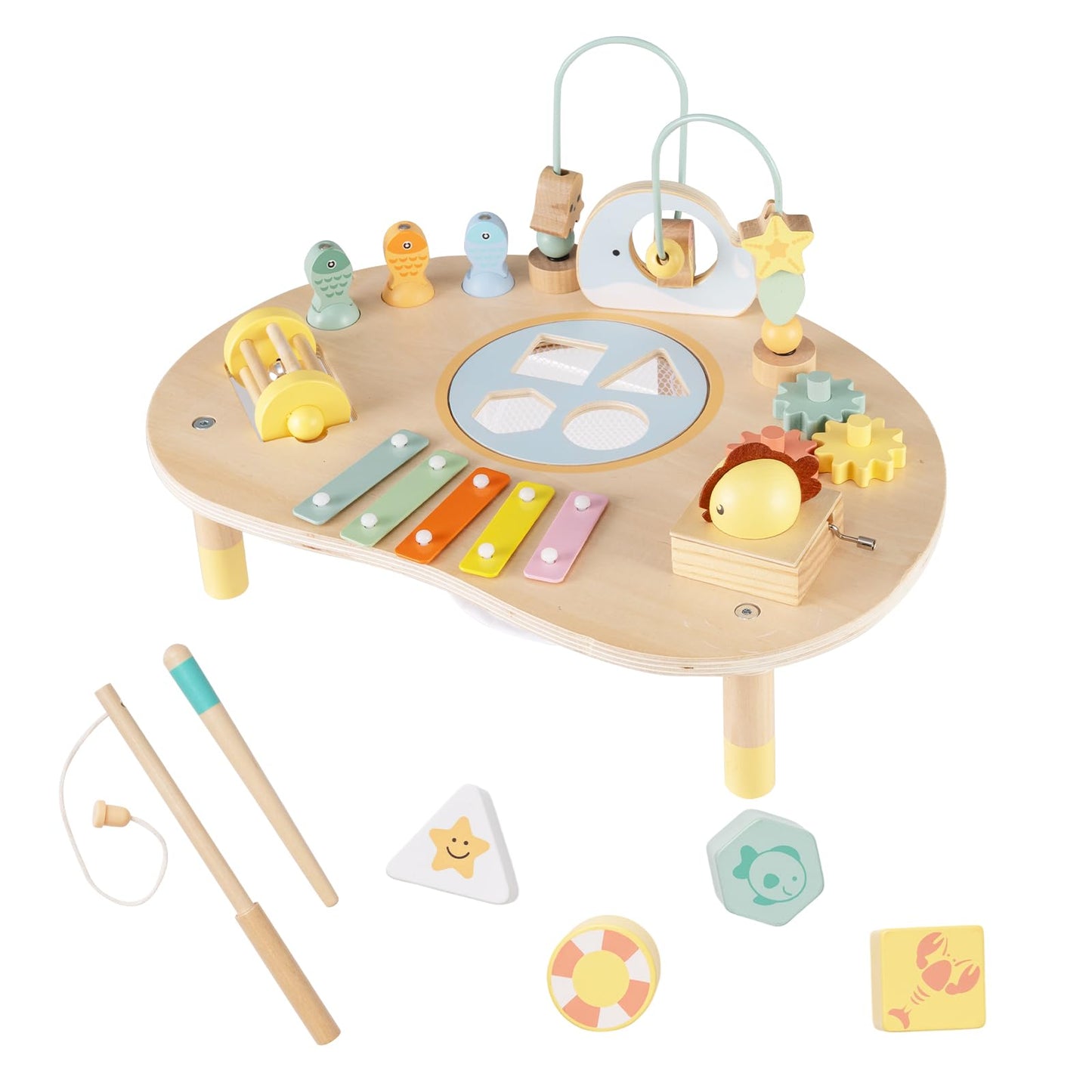Activity Table for 1+ Year Old, 7-in-1 Wooden Montessori Toy Busy Board