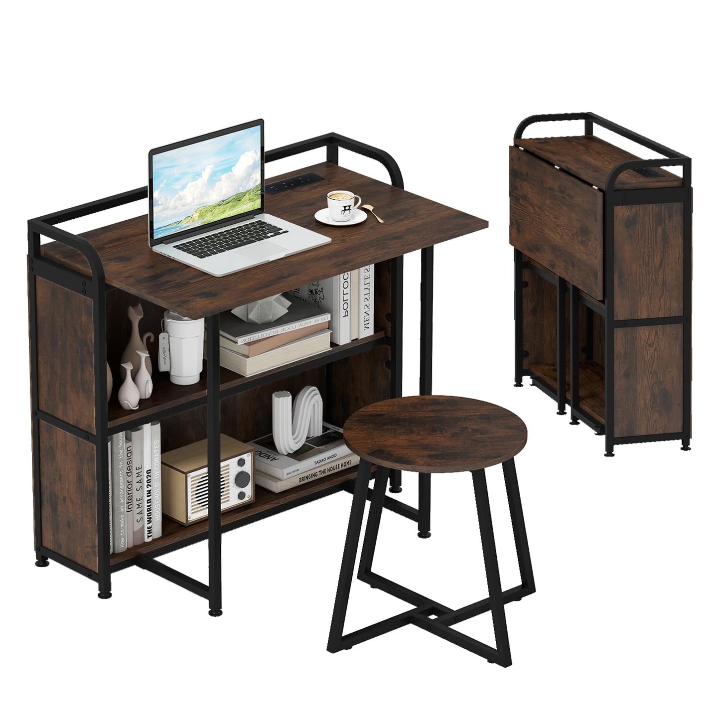 90 cm Folding Desk with Stool, Portable Computer Desk and Stool Set