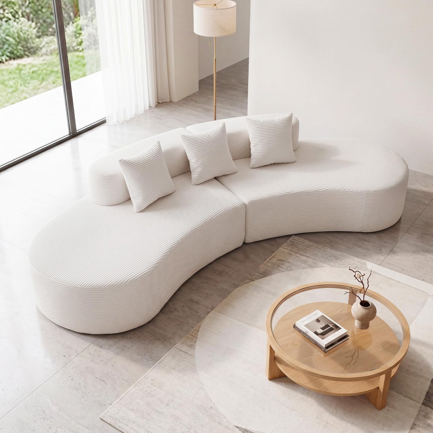 306cm Curved Sofa Couch, 5-Seater Sectional Boneless Sofa Bed with 3 Comfy Pillows