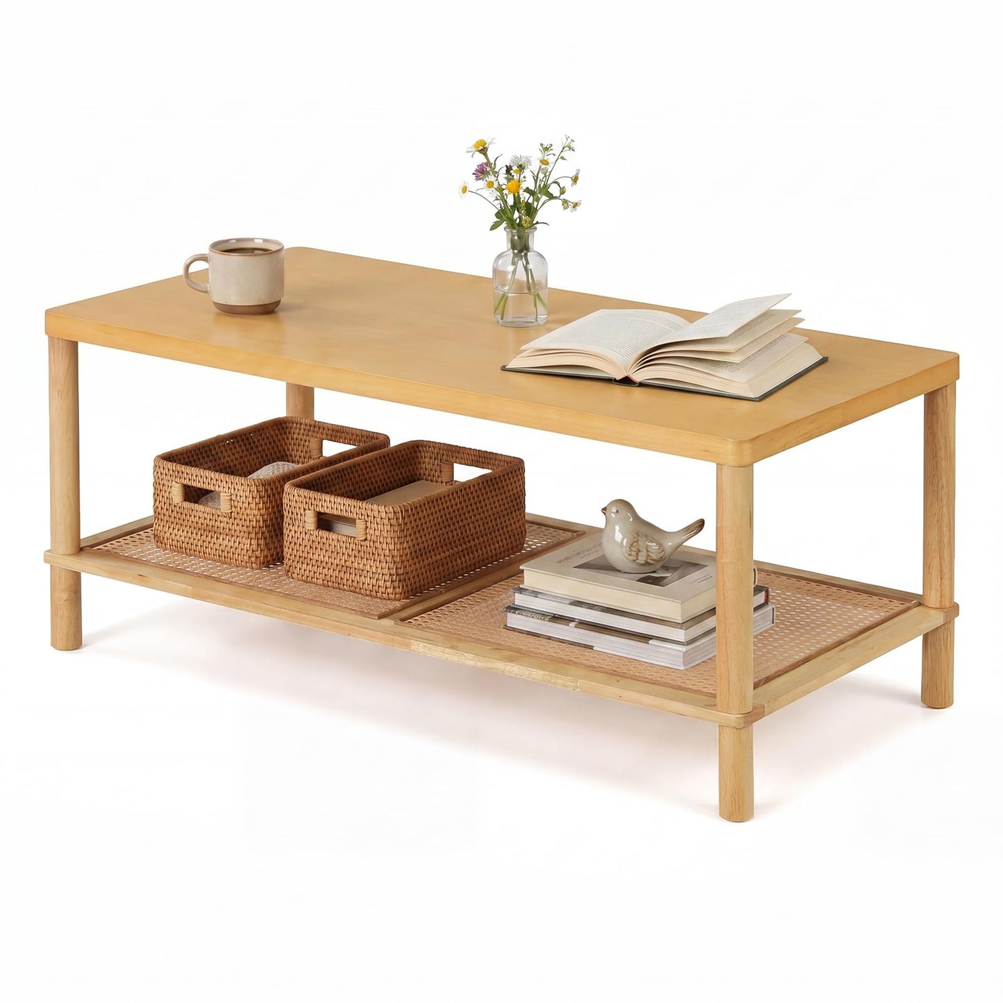 2-Tier Rattan Coffee Table with Storage Shelf, Rubber Wood Frame