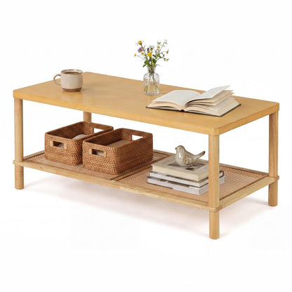 2-Tier Rattan Coffee Table with Storage Shelf, Rubber Wood Frame