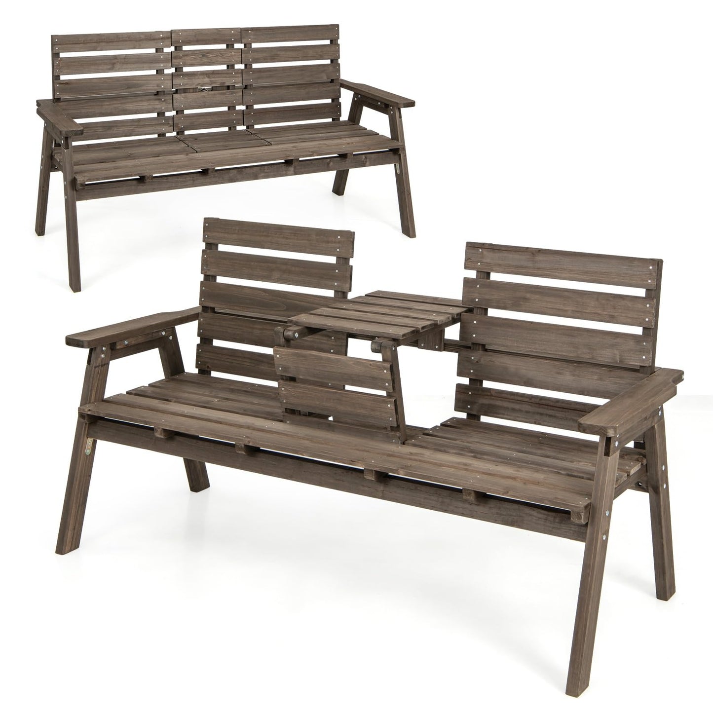 Fir Wood Patio Park Bench Slatted Seat with Foldable Middle Table for 2-3 Person