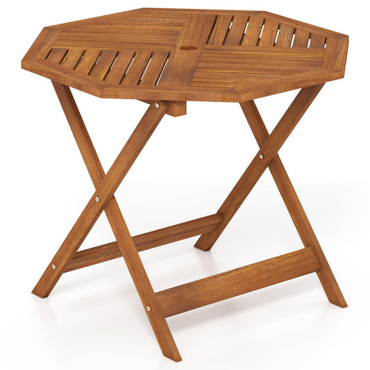 90cm Outdoor Dining Table, Solid Wood Garden Table with Umbrella Hole