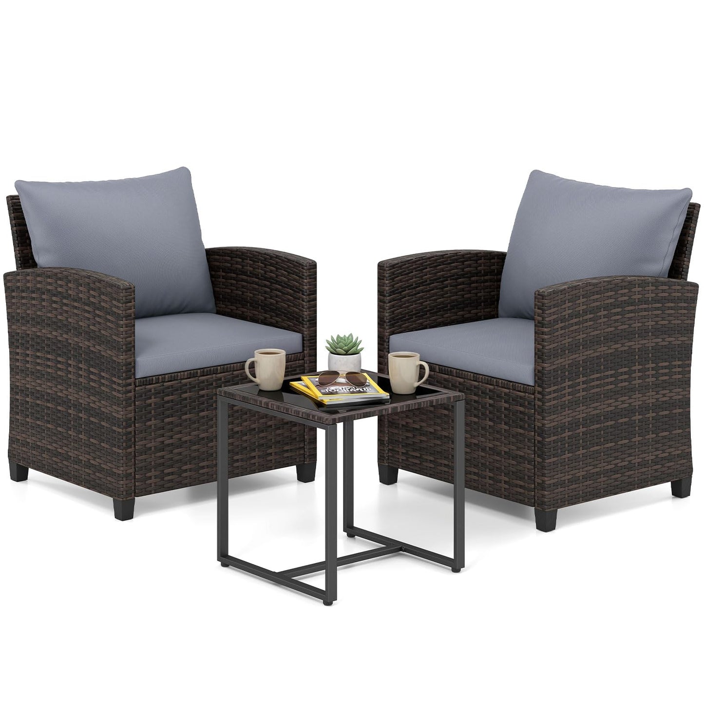 3 Pieces PE Rattan Wicker Outdoor Bistro Conversation Set with Soft Cushions and Tempered Glass Coffee Table