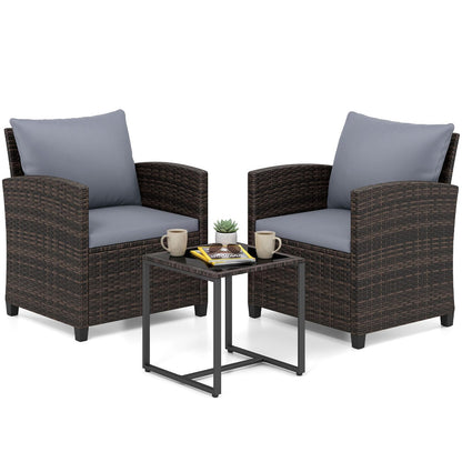 3 Pieces PE Rattan Wicker Outdoor Bistro Conversation Set with Soft Cushions and Tempered Glass Coffee Table