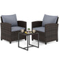 3 Pieces PE Rattan Wicker Outdoor Bistro Conversation Set with Soft Cushions and Tempered Glass Coffee Table