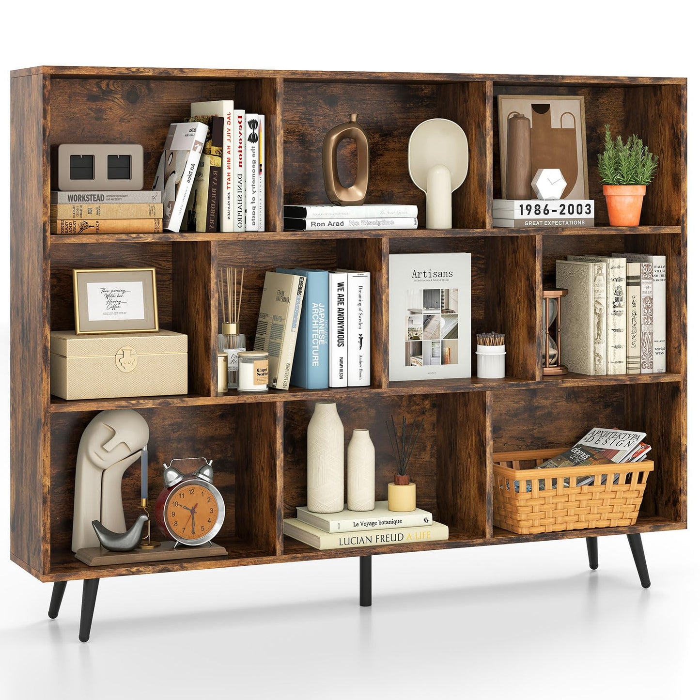 Bookcase 80/100/120/140 CM Storage Organizer with 4/5/5/5 Tapered Metal Legs
